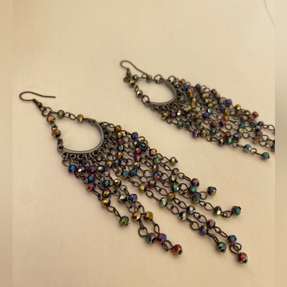 Paparazzi Gunmetal Metro Confetti Oil Spill Multi Color Tear Drop Earrings - Picture 7 of 10